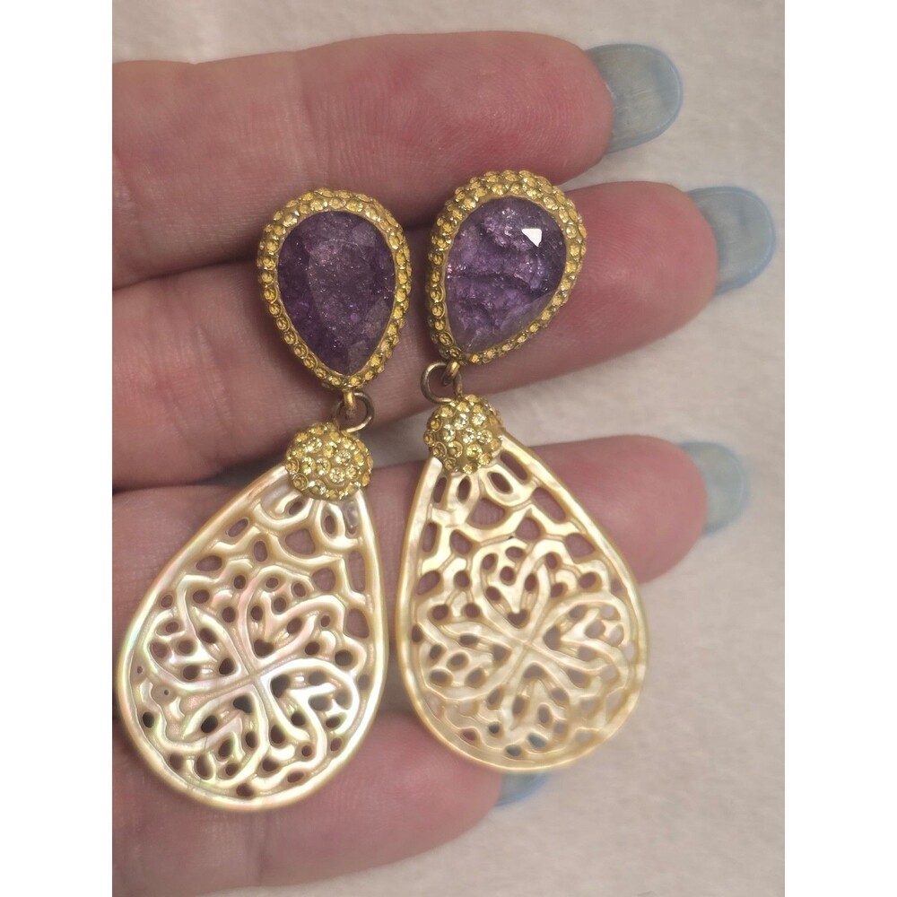 Roxelana Signed 925 Sterling Silver Purple Druzy Mother of Pearl Earrings ear46